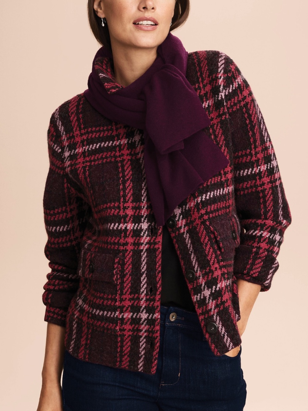 NWT J. Jill Purple Plaid Button-Front Women's Sweater Jacket